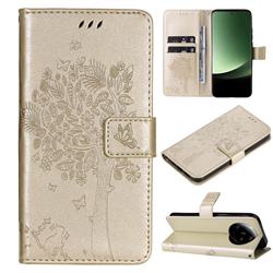 Embossing Butterfly Tree Leather Wallet Case for Xiaomi Mi 13 Ultra - Champagne