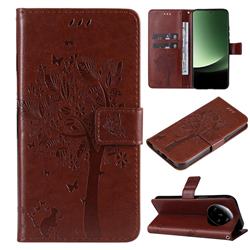Embossing Butterfly Tree Leather Wallet Case for Xiaomi Mi 13 Ultra - Coffee