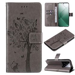 Embossing Butterfly Tree Leather Wallet Case for Xiaomi Mi 14 - Grey