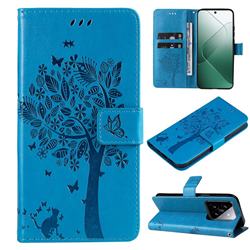 Embossing Butterfly Tree Leather Wallet Case for Xiaomi Mi 14 - Blue