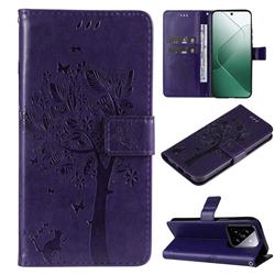 Embossing Butterfly Tree Leather Wallet Case for Xiaomi Mi 14 - Purple