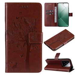 Embossing Butterfly Tree Leather Wallet Case for Xiaomi Mi 14 - Coffee