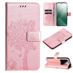 Embossing Butterfly Tree Leather Wallet Case for Xiaomi Mi 14 - Rose Pink