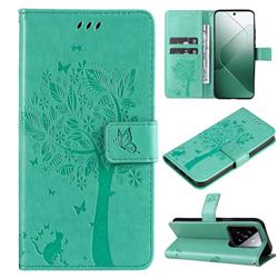 Embossing Butterfly Tree Leather Wallet Case for Xiaomi Mi 14 - Cyan