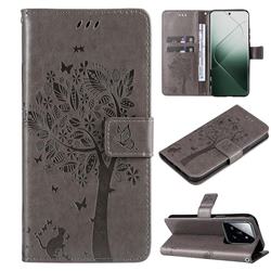 Embossing Butterfly Tree Leather Wallet Case for Xiaomi Mi 14 Pro - Grey