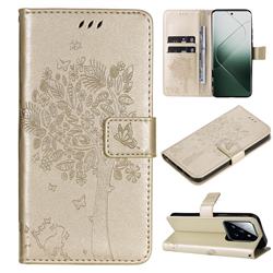 Embossing Butterfly Tree Leather Wallet Case for Xiaomi Mi 14 Pro - Champagne