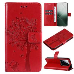 Embossing Butterfly Tree Leather Wallet Case for Xiaomi Mi 14 Pro - Red