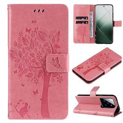 Embossing Butterfly Tree Leather Wallet Case for Xiaomi Mi 14 Pro - Pink