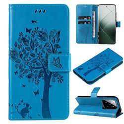 Embossing Butterfly Tree Leather Wallet Case for Xiaomi Mi 14 Pro - Blue