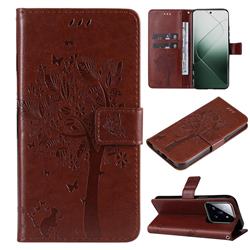 Embossing Butterfly Tree Leather Wallet Case for Xiaomi Mi 14 Pro - Coffee
