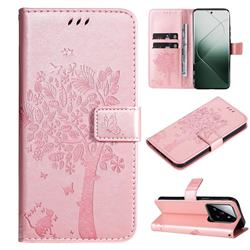 Embossing Butterfly Tree Leather Wallet Case for Xiaomi Mi 14 Pro - Rose Pink