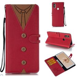 Mens Button Clothing Style Leather Wallet Phone Case for Xiaomi Mi A2 (Mi 6X) - Red