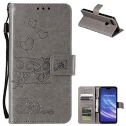 Embossing Owl Couple Flower Leather Wallet Case for Xiaomi Mi 8 Lite / Mi 8 Youth / Mi 8X - Gray
