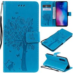 Embossing Butterfly Tree Leather Wallet Case for Xiaomi Mi 9 - Blue
