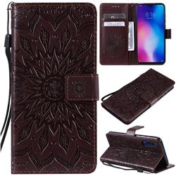 Embossing Sunflower Leather Wallet Case for Xiaomi Mi 9 - Brown