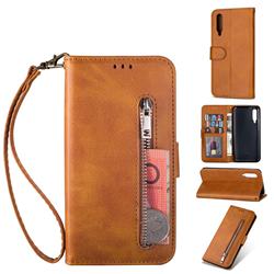 Retro Calfskin Zipper Leather Wallet Case Cover for Xiaomi Mi 9 - Brown