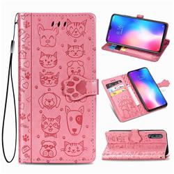 Embossing Dog Paw Kitten and Puppy Leather Wallet Case for Xiaomi Mi 9 - Pink