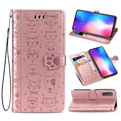 Embossing Dog Paw Kitten and Puppy Leather Wallet Case for Xiaomi Mi 9 - Rose Gold