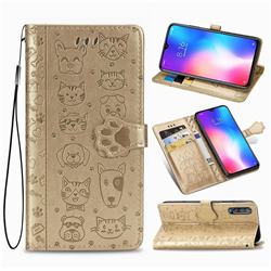 Embossing Dog Paw Kitten and Puppy Leather Wallet Case for Xiaomi Mi 9 - Champagne Gold