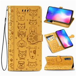 Embossing Dog Paw Kitten and Puppy Leather Wallet Case for Xiaomi Mi 9 - Yellow
