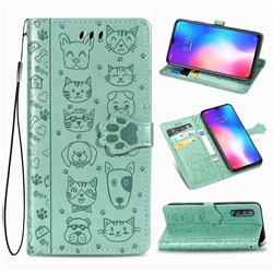 Embossing Dog Paw Kitten and Puppy Leather Wallet Case for Xiaomi Mi 9 - Green