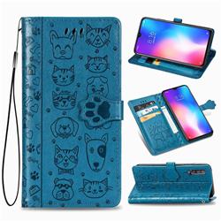 Embossing Dog Paw Kitten and Puppy Leather Wallet Case for Xiaomi Mi 9 - Blue