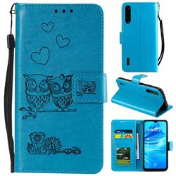 Embossing Owl Couple Flower Leather Wallet Case for Xiaomi Mi 9 Lite - Blue