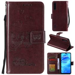 Embossing Owl Couple Flower Leather Wallet Case for Xiaomi Mi 9 Lite - Brown