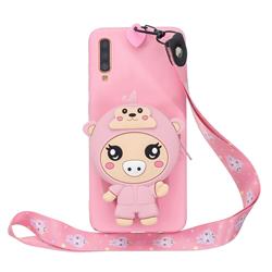 Pink Pig Neck Lanyard Zipper Wallet Silicone Case for Xiaomi Mi 9 Pro