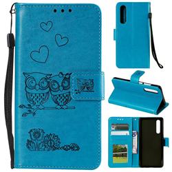Embossing Owl Couple Flower Leather Wallet Case for Xiaomi Mi 9 SE - Blue