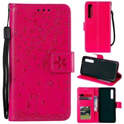 Embossing Cherry Blossom Cat Leather Wallet Case for Xiaomi Mi 9 SE - Rose