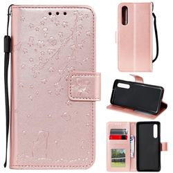 Embossing Cherry Blossom Cat Leather Wallet Case for Xiaomi Mi 9 SE - Rose Gold
