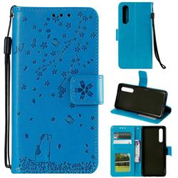 Embossing Cherry Blossom Cat Leather Wallet Case for Xiaomi Mi 9 SE - Blue