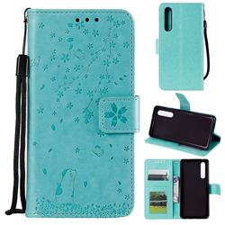 Embossing Cherry Blossom Cat Leather Wallet Case for Xiaomi Mi 9 SE - Green