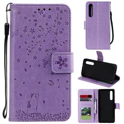 Embossing Cherry Blossom Cat Leather Wallet Case for Xiaomi Mi 9 SE - Purple