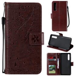 Embossing Cherry Blossom Cat Leather Wallet Case for Xiaomi Mi 9 SE - Brown