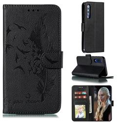 Intricate Embossing Lychee Feather Bird Leather Wallet Case for Xiaomi Mi 9 SE - Black