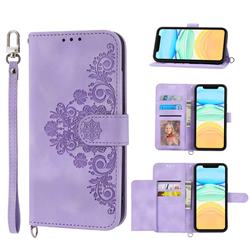 Skin Feel Embossed Lace Flower Multiple Card Slots Leather Wallet Phone Case for Xiaomi Redmi A1 - Purple
