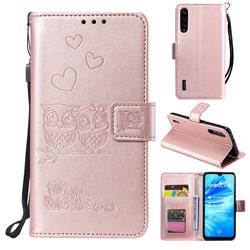 Embossing Owl Couple Flower Leather Wallet Case for Xiaomi Mi A3 - Rose Gold