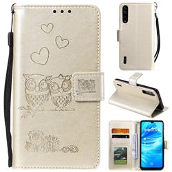 Embossing Owl Couple Flower Leather Wallet Case for Xiaomi Mi A3 - Golden