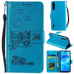 Embossing Owl Couple Flower Leather Wallet Case for Xiaomi Mi A3 - Blue