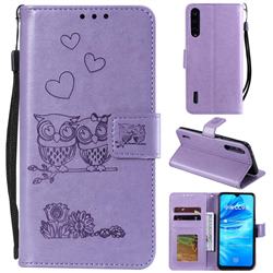 Embossing Owl Couple Flower Leather Wallet Case for Xiaomi Mi A3 - Purple
