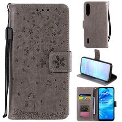 Embossing Cherry Blossom Cat Leather Wallet Case for Xiaomi Mi A3 - Gray