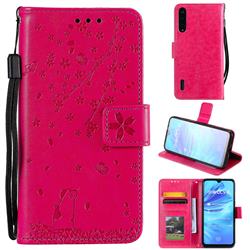 Embossing Cherry Blossom Cat Leather Wallet Case for Xiaomi Mi A3 - Rose