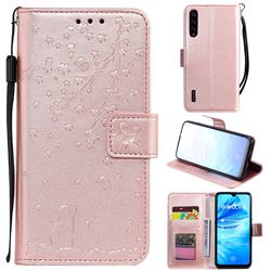 Embossing Cherry Blossom Cat Leather Wallet Case for Xiaomi Mi A3 - Rose Gold