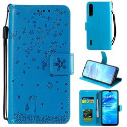 Embossing Cherry Blossom Cat Leather Wallet Case for Xiaomi Mi A3 - Blue