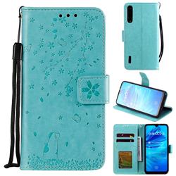 Embossing Cherry Blossom Cat Leather Wallet Case for Xiaomi Mi A3 - Green