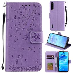Embossing Cherry Blossom Cat Leather Wallet Case for Xiaomi Mi A3 - Purple