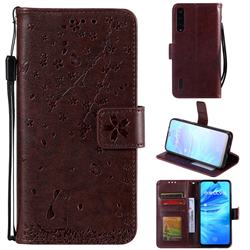 Embossing Cherry Blossom Cat Leather Wallet Case for Xiaomi Mi A3 - Brown