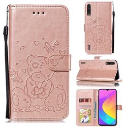 Embossing Butterfly Heart Bear Leather Wallet Case for Xiaomi Mi A3 - Rose Gold